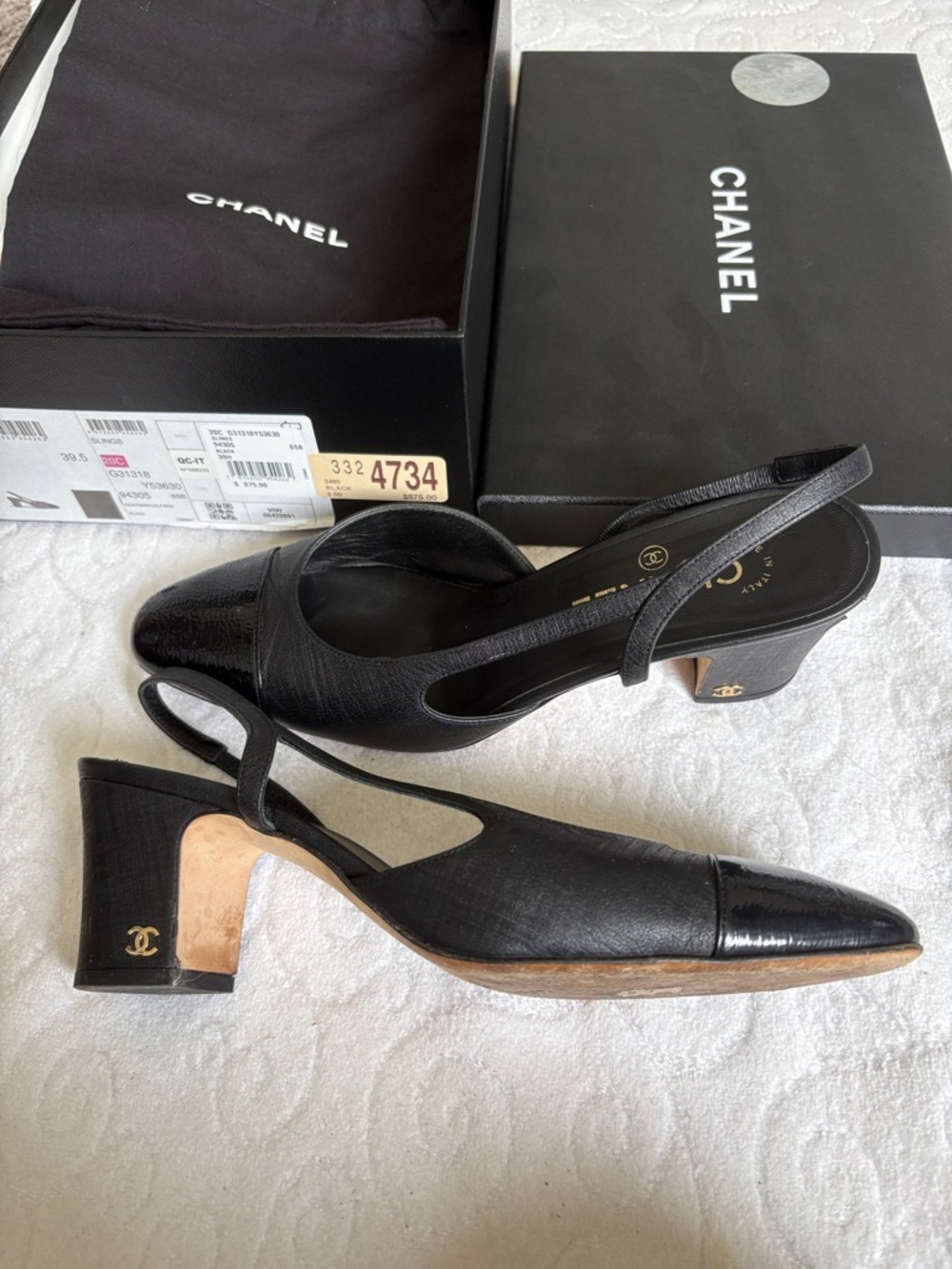 CHANEL Black Slingback Mid-Heel Pumps with Patent Cap Toe
